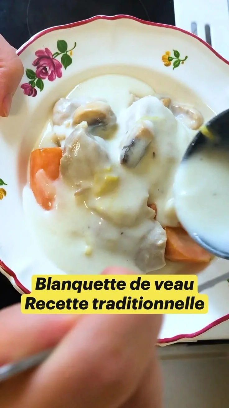 Blanquette de veau traditionnelle servie avec légumes et sauce crémeuse.