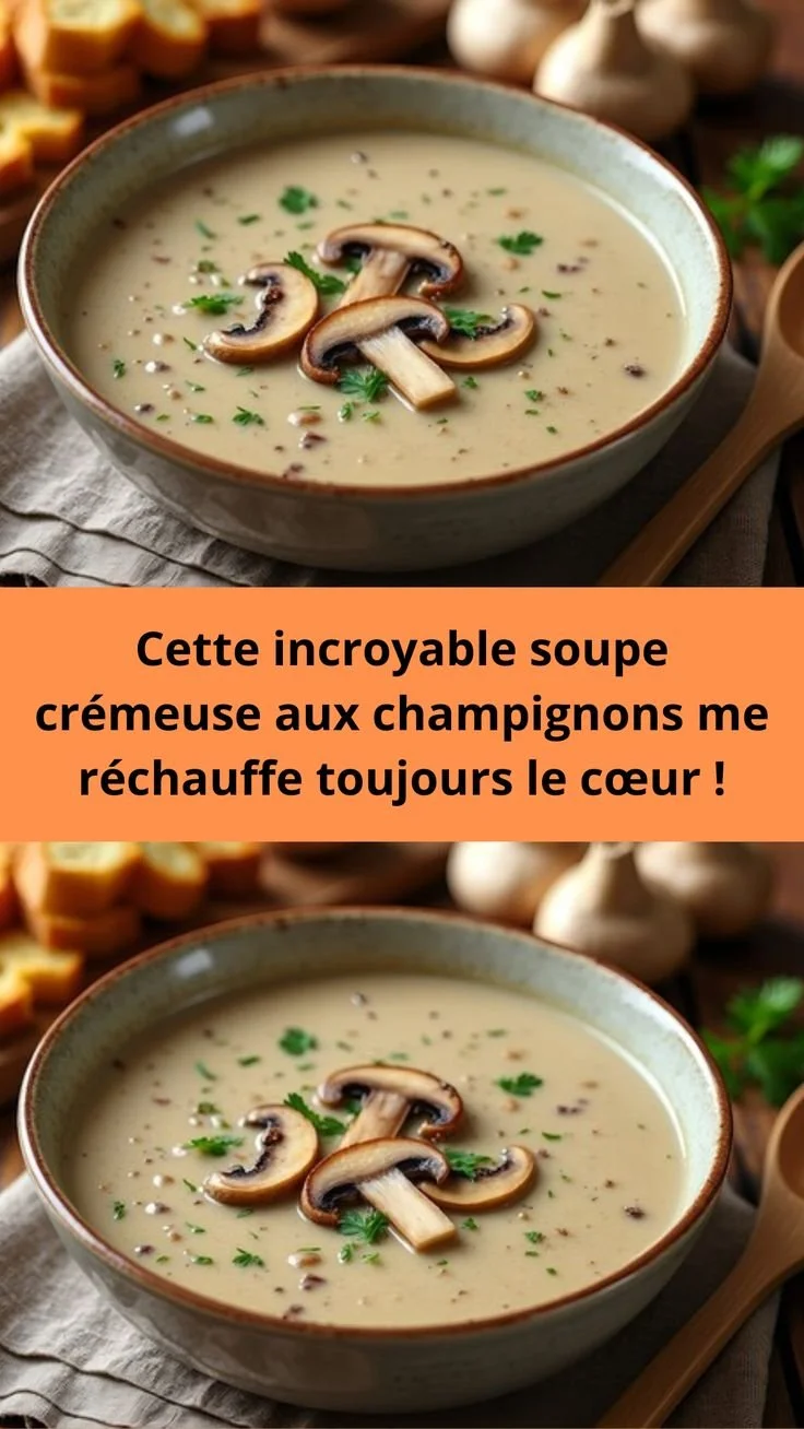 Bol de soupe crémeuse aux champignons servie avec du pain croûté.