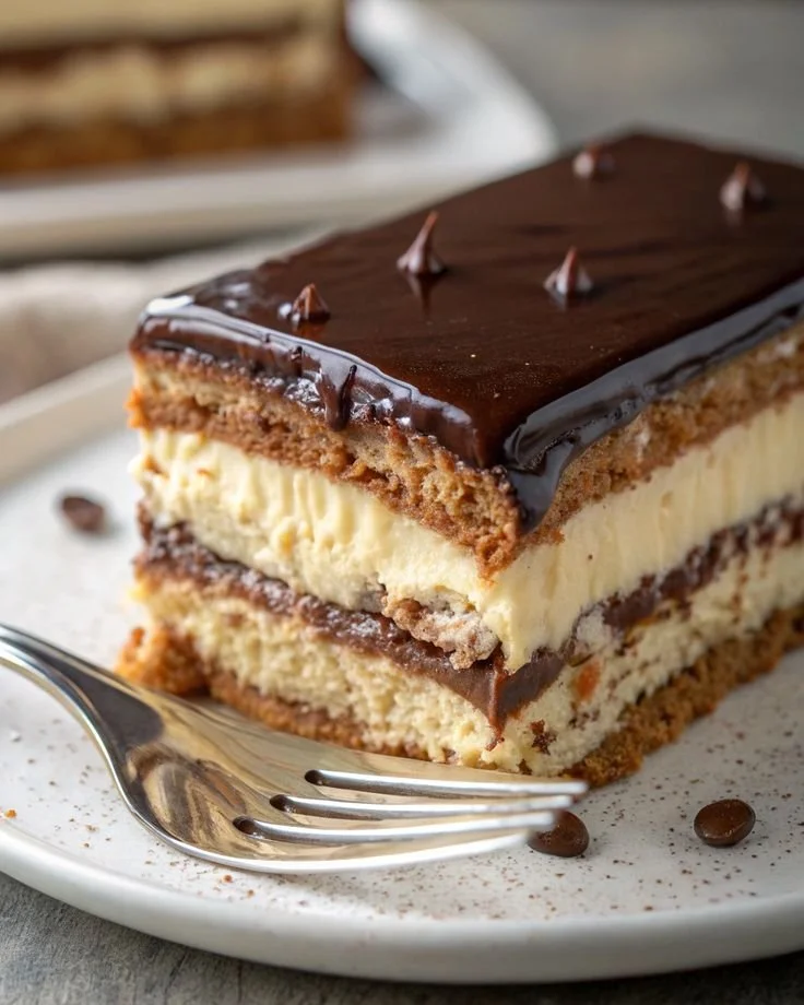 Gâteau chocolat éclair avec une garniture crémeuse et une couverture au chocolat