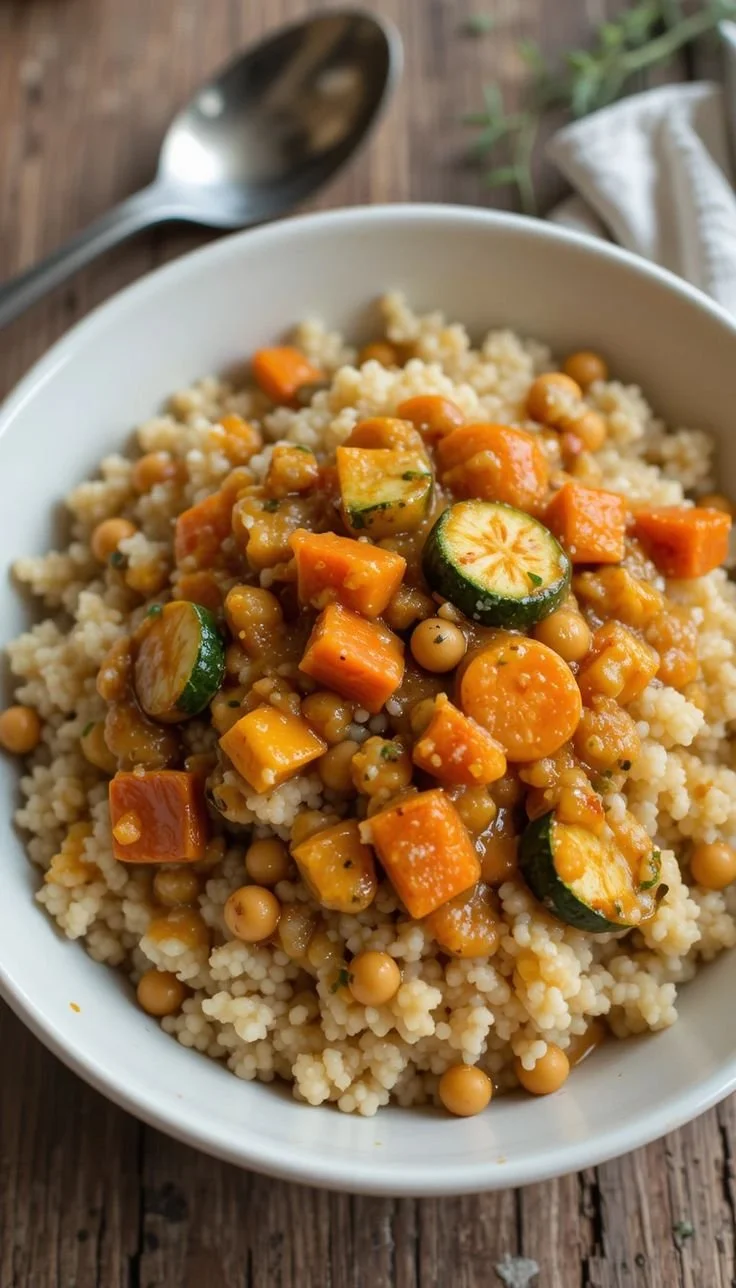 Plat de couscous aux légumes frais et pois chiches dans un bol coloré.