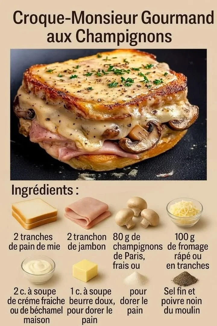 Croque-monsieur gourmand aux champignons, fondant et savoureux, prêt à déguster.