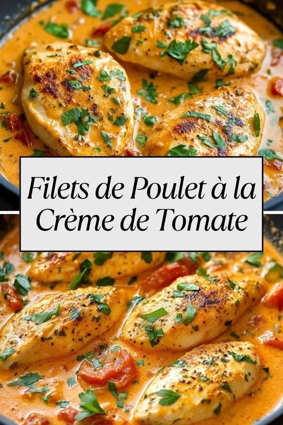Filets de Poulet à la Crème de Tomate présentés dans un plat.
