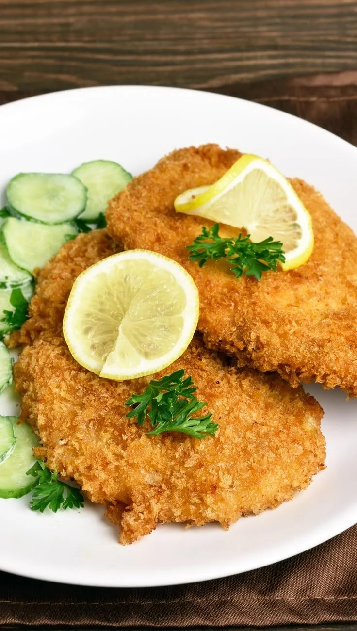 Escalope milanaise croustillante accompagnée de citron et de salade