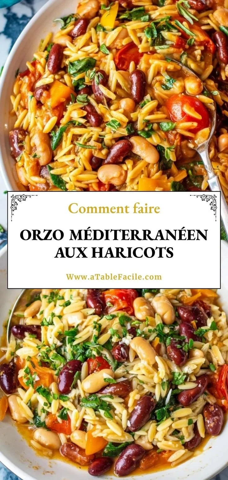 Plat d'Orzo Méditerranéen aux Haricots garni de légumes frais et d'herbes aromatiques.