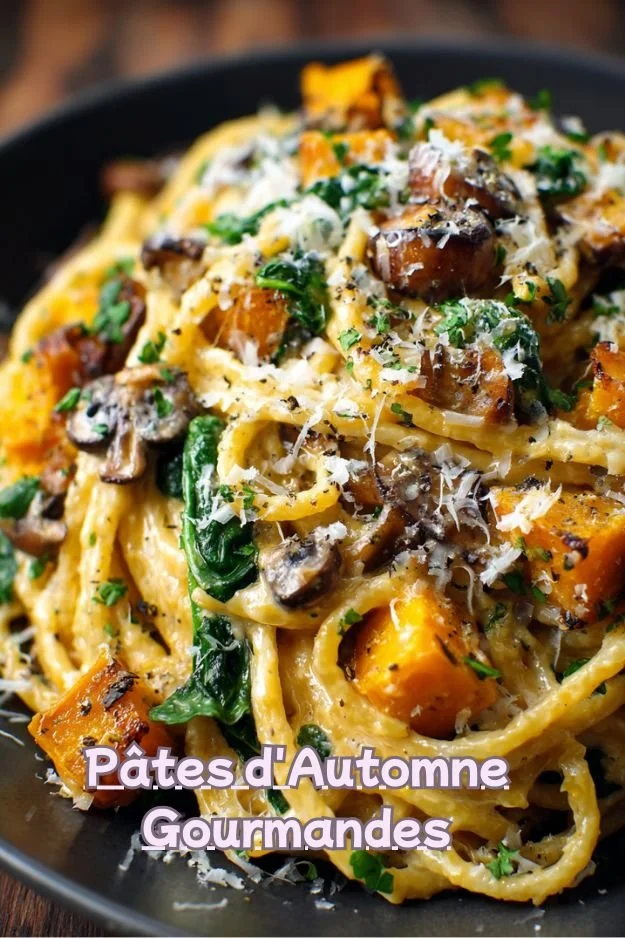 Pâtes d'automne avec crémeux de butternut, champignons et noix croquantes