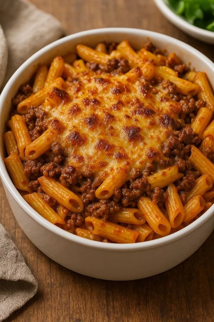 Pâtes gratinées au bœuf haché avec une couche de fromage fondant