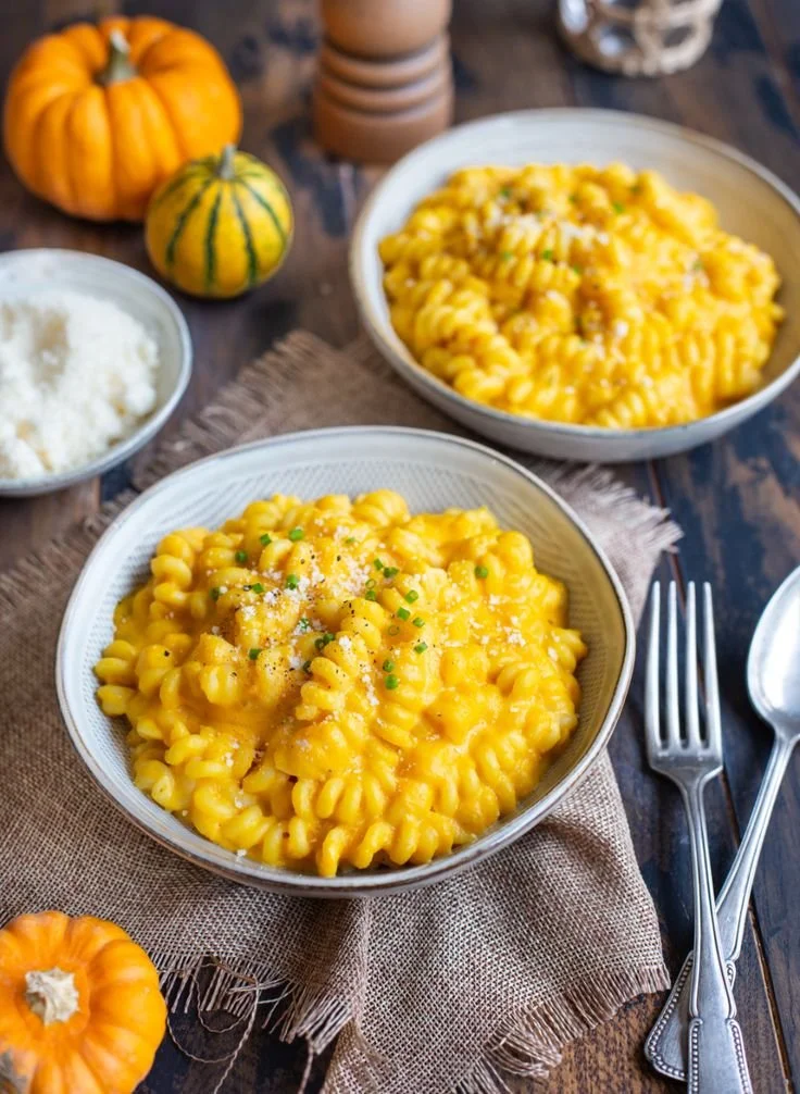 Pâtes à la sauce crémeuse de butternut et parmesan servies dans un bol.