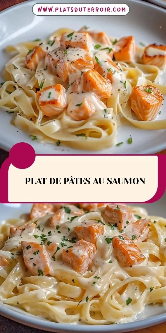 Plat de pâtes au saumon avec sauce crémeuse et garnitures.