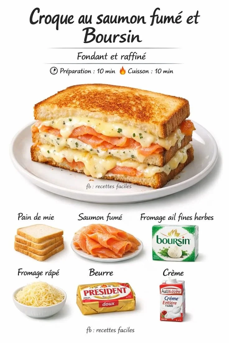 Croque saumon fumé Boursin, un sandwich chaud et savoureux pour le déjeuner.
