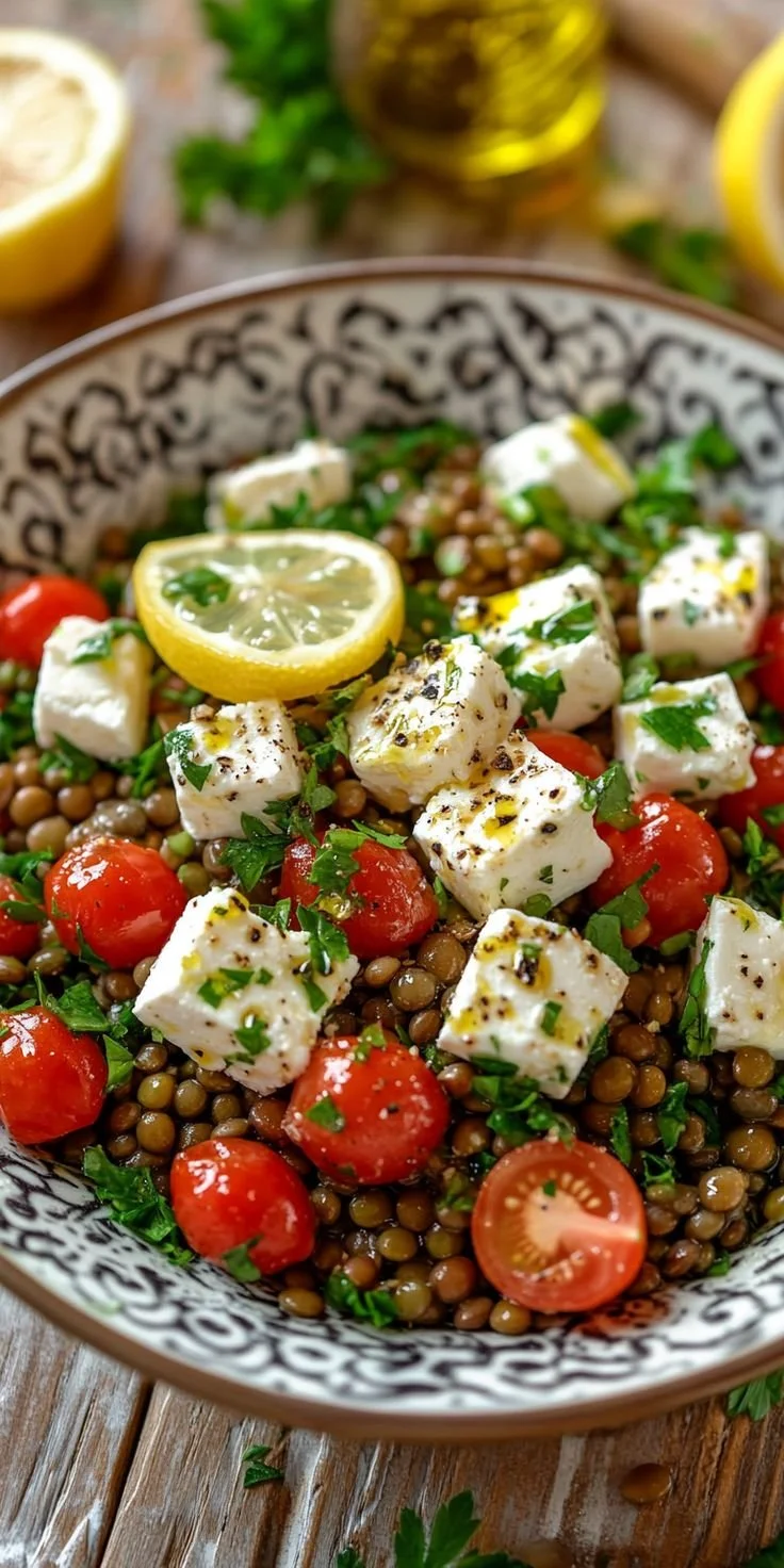 Salade de lentilles avec feta marinée dans un bol coloré