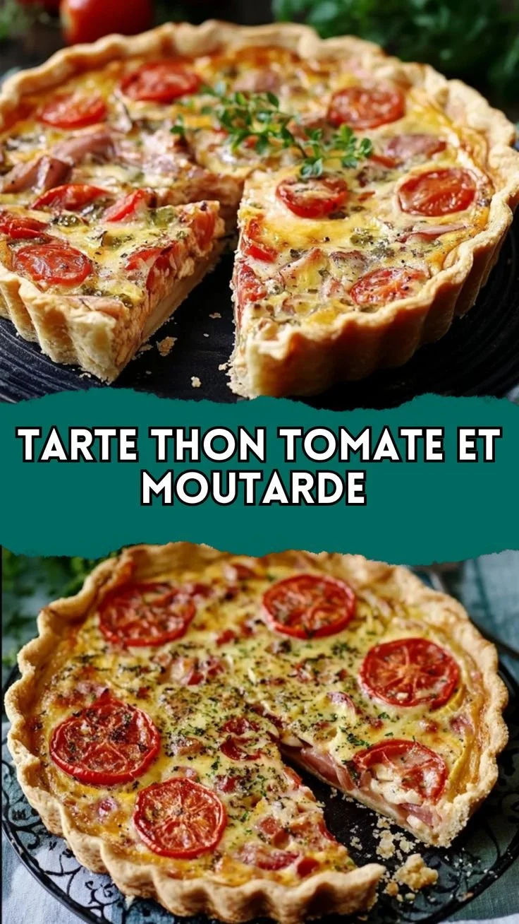 Tarte Thon Tomate et Moutarde fraîchement préparée, prête à être dégustée.