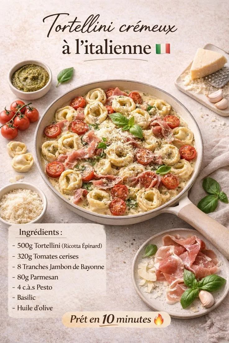 Tortellini crémeux à l’italienne, plat rapide et savoureux prêt en 10 minutes