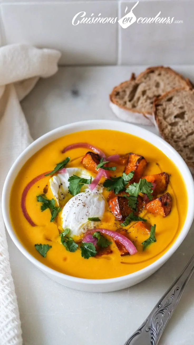 Bol de velouté de potimarron crémeux avec garniture de graines et herbes fraîches